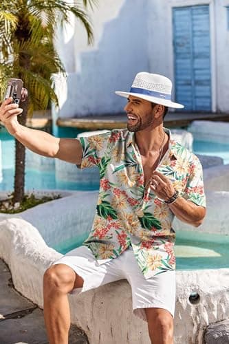 COOFANDY Mens Hawaiian Shirt for Men Short Sleeve Beach Shirts Tropical Cruise Shirt, White - Flower, XX-Large - Image 5