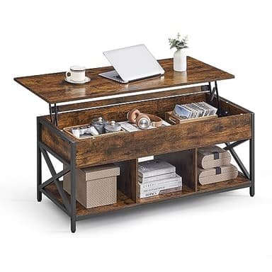 VASAGLE Lift Top Coffee Table, Lift Coffee Table with Storage Shelf, Hidden Compartments and Lifting Top, for Living Room, Office, 19.7 x 47.2 x (19.3-24.4) Inches, Rustic Brown and Black ULCT212B01 - Image 1
