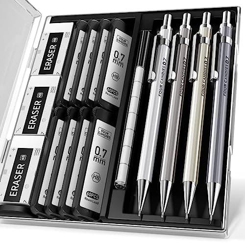 Four Candies 0.7mm Mechanical Pencil Set with Case - 4PCS Metal Mechanical Pencils, 8 Tubes HB #2 Lead Refills, 3PCS 4B Erasers and 9PCS Eraser Refills, Lead Mechanical Pencils for Writing & Drawing - Image 1