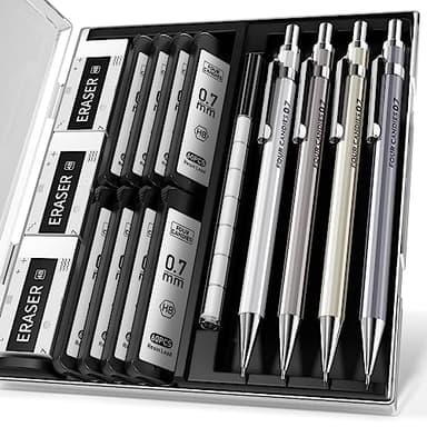 Four Candies 0.7mm Mechanical Pencil Set with Case - 4PCS Metal Mechanical Pencils, 8 Tubes HB #2 Lead Refills, 3PCS 4B Erasers and 9PCS Eraser Refills, Lead Mechanical Pencils for Writing & Drawing - Image 1