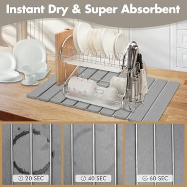 Large Stone Dish Drying Mat for Kitchen Counter, Eco-friendly, Instant Drying Pad,Diatomaceous Earth Water Absorbing Mat, Foldable and Super Absorbent Dish Drying Stone Mat, 24"×16", Light Gray - Image 5