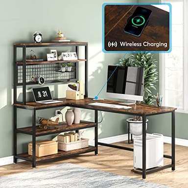 Tribesigns 55" L-Shape Computer Desk with Hutch and Wireless Charging, Office Desk Study Table Writing Desk Workstation with 5 Shelves and Movable CPU Stand for Home Office (Brown) - Image 5