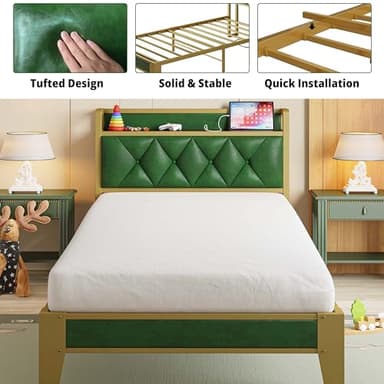 ANCTOR Twin Bed Frames, Storage Headboard with Outlets, Easy to Install, Sturdy and Stable, No Noise, No Box Springs Needed, Emerald - Image 4