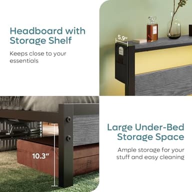 Bestier Queen Bed Frame with Storage Headboard and Charging Station, Grey Platform Bed Frame with LED Light, Non-Slip Metal Bed Frame, Noise-Free, Easy Assembly - Image 7