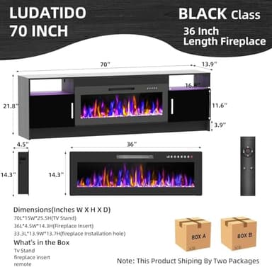 Ludatido 70 Inch TV Stand with 36 inch Electric Fireplace 27 LED Light Entertainment Center for TVs Up to 80" Black Modern Wood Media TV Console with Highlight Cabinet for Living Room Black - Image 3