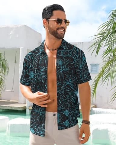 BOJIN Men's Hawaiian Wrinkle Free Short Sleeve Button Down Tropical Floral Beach Vacation Shirt A025 Blue Lines Flowers Black L - Image 3