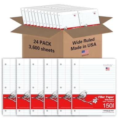 WritePads Loose Leaf Notebook Paper, 8"x10-1/2" Wide Ruled Lined Paper, Bulk Filler Paper, 3 Hole Punched For 3 Ring Binder, 150 Sheets/Pack, 24PK Per Carton, 3600 Sheets, Made In USA - Image 1