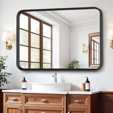 Bathroom Mirror for Wall, 30x22 Inch Rounded Rectangle Mirror, Black Metal Framed Bathroom Vanity Mirror for Restroom Farmhouse, Anti-Rust, Tempered Glass, Horizontally or Vertically Hanging - Image 2