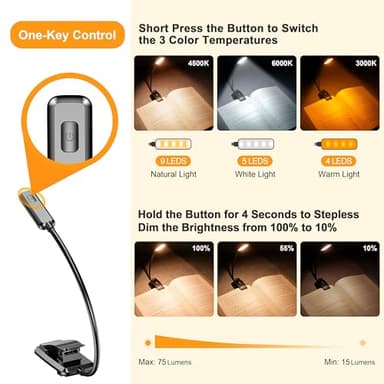 Gritin 9 LED Rechargeable Book Light for Reading in Bed - Eye Caring 3 Color Temperatures,Stepless Dimming Brightness,80 Hrs Runtime Small Lightweight Clip On Book Reading Light for Studying - Image 3