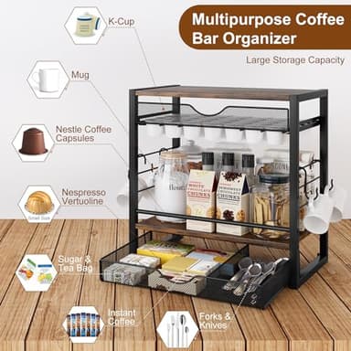 TQVAI Coffee Bar Organizer for Countertop 3-Tier 70 Capsules Coffee Station Organizer with Sliding K Cup Drawer & 4 Coffee Cup Hooks for Coffee Bar Accessories, Black - Image 4