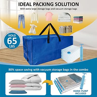 12 Pack Heavy Duty Extra Large Moving Bags with Backpack Straps & Large Vacuum Storage Bags Moving Supply Combo, Moving Totes with Handles & Zippers for Space Saving, Fold Flat, Includes Vacuum Bags - Image 3