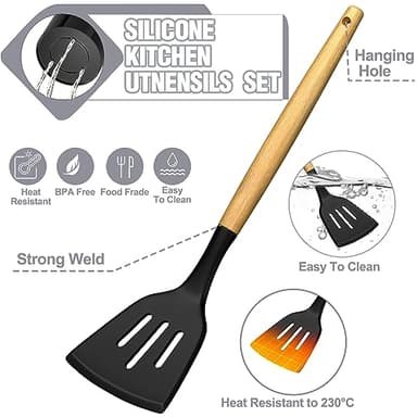 Kitchen Utensils Set- 34PCS Silicone Cooking Utensils with Holder, Umite Chef Heat Resistant Kitchen Utensil Spatula Set for Nonstick Cookware, Black Wooden Handles Kitchen Gadgets Tools Set - Image 7