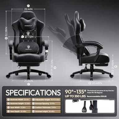 Dowinx Fabric Gaming Chair with Heated Massage Lumbar Support, Gamer Chairs for Adults, Big and Tall Gamer Chair with Pocket Spring Cushion and Footrest, Recliner High Back PC Chair for Adult, Black - Image 3