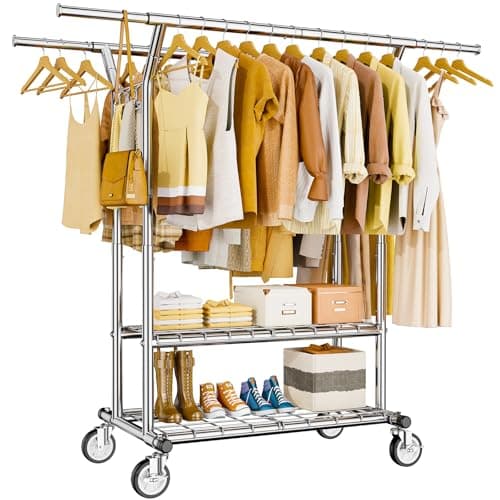 HYSEYY Heavy Duty Clothes Rack, Rolling Clothing Rack With Shelves Load 620 LBS, Double Rod Clothing Racks for Hanging Clothes, Portable& Adjustable Clothes Rack with Wheels Garment Rack - Image 1