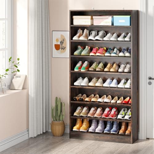 Tribesigns Tall Shoe Cabinet, 9 Tiers 40-45 Pairs Heavy Duty Wood Freestanding Shoe Storage Cabinet, 70.8'' Tall Shoe Cabinet with Open Storage for Entryway (Rustic Brown) - Image 1