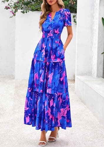 PRETTYGARDEN Women's 2025 Summer Boho Maxi Dresses Floral Short Sleeve V Neck A Line Tiered Flowy Long Beach Vacation Dress (Royal Blue,X-Large) - Image 3