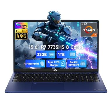 NIMO 15.6" IPS FHD Gaming-Laptop, AMD 8 Cores Ryzen 7 7735HS 32GB DDR5 RAM 1TB SSD (Beats i7-12650H, Up to 4.75GHz) Computer with Radeon 680M 100W Type-C Backlit Keyboard Fingerprint Unlock, Blue - Image 1