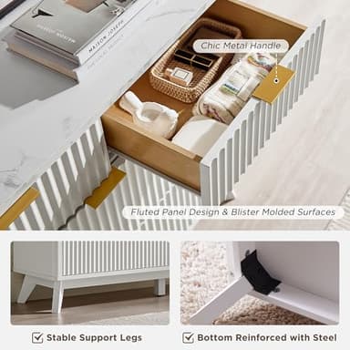 T4TREAM Fluted 7 Drawers Dresser, 54" Wide Modern Chest of Drawers with Faux Marble Top, Curved Profile Design, Dresser TV Stand, Wood Drawer Organizer for Bedroom, Living Room, Hallway, Solid White - Image 6