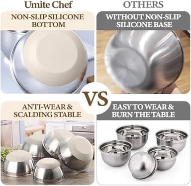 Umite Chef Mixing Bowls with Airtight Lids Set, 8PCS Stainless Steel Khaki Nesting Bowls with Grater Attachments, Kitchen Bowls with Non-Slip Bottoms, Size 5, 4, 3.5, 2, 1.5QT for Mixing & Serving - Image 4