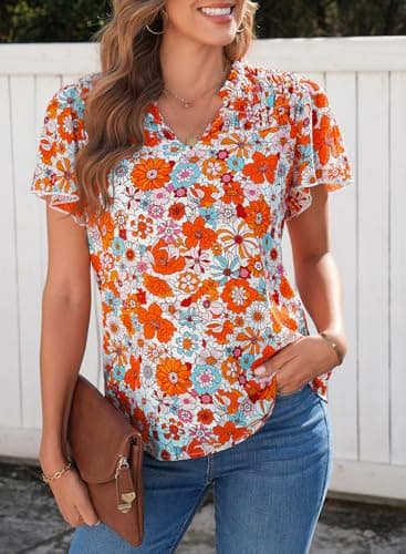 SHEWIN Summer Tops for Women Trendy Fashion Floral Petal Sleeve Loose Fit Blouses for Women Dressy Casual Orange X-Large - Image 2