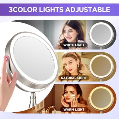 20x Magnifying Mirror with Light, Lighted Makeup Mirror with 3 Color Modes and Adjustable Brightness, Side Charging Port & SideTouch Sensor, 360° Rotation Double Sided Standing Mirror-Brushed Nickel - Image 4