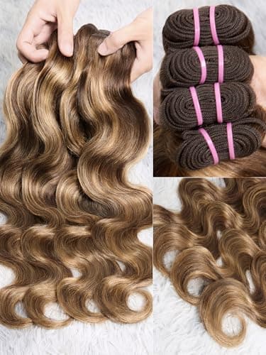 Brown Highlight Body Wave Bundles Human Hair 22 24 26 28 inch 4 Bundles Ombre Blonde Bundles Human Hair Extensions Natural Brazilian Virgin Unprocessed Human Hair - Image 2