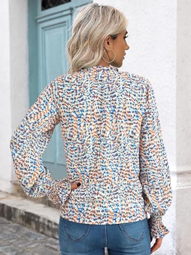 MASCOMODA Womens V Neck Floral Long Sleeve Tops 2025 Summer Casual Loose Puff Sleeve Chiffon Boho Work Blouse Dressy T Shirts(Floral Blue White,XX-Large) - Image 5