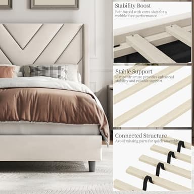 Yaheetech Twin Bed Frame Upholstered Platform Bed with Wing Side/Wooden Slat Support/Tufted Headboard with Wing Side/Mattress Foundation/No Box Spring Needed,Beige Twin Bed - Image 8