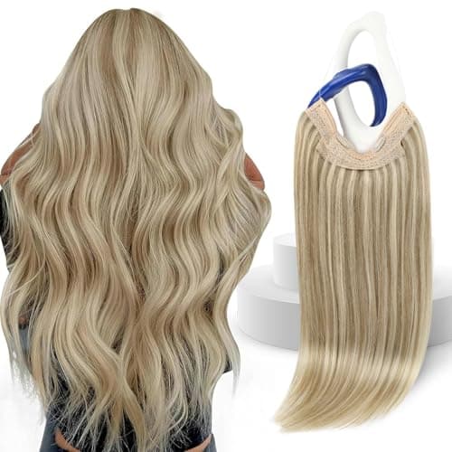 Sunny Wire Hair Extensions Real Human Hair Fish Line Human Hair Extensions Invisible Wire Extensions Golden Blonde with Medium Blonde Highlights #16/22 18 Inch - Image 1