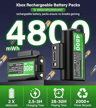 Rechargeable-Battery-Pack-for-Xbox-Controller, 2x4800mWh Batteries Pack with Charging Station for Xbox One/Xbox Series X|S Xbox One S/Xbox One X/Xbox One Elite Controller Charger Dock Accessories - Image 2