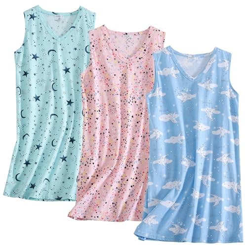 PNAEONG 3 Pack Womens Cotton Nightgown V Neck Nightshirts Sleeveless Sleepwear Casual Print Sleepdress Moon+Star+Pink,3XL - Image 1