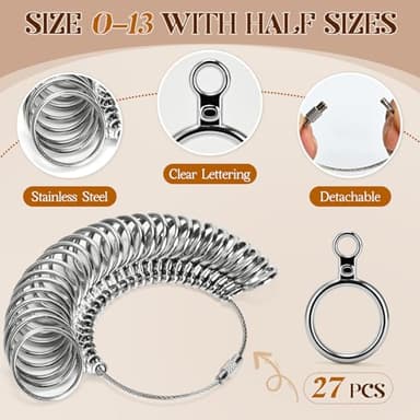 Ring Sizer Measuring Tool, 3 Types, 27 Pcs Metal Ring Sizing Kit, US Sizes 0-13 with Half Size, 2 Pcs Plastic Finger Measurer for Men/Women, USA 1-17 with Magnified Glass - Image 2
