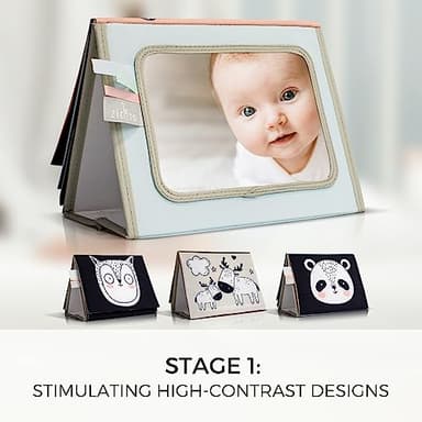 Soft Tummy Time Book w/ Large Stimulating Baby Safe Mirror - Fun High Contrast Montessori Toy w/ Mirror, Crinkle Filling & Silicone Teether - The Perfect Toy For Safe Early Newborn/Infant Development - Image 5