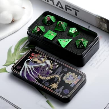 Matt Green Metal Dice Set, DNDND 7 PCS Heavy Metallic D&D Dice Set with Gorgeous Gift Case for Dungeons and Dragon Tabletop Game (Matte Green with Pink Flower) - Image 4