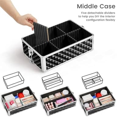 Yaheetech Rolling Makeup Train Case 3 in 1 Cosmetic Case Professional Makeup Suitcase Large Aluminum Cosmetic Trolley with Swivel Wheels and Key, Diamond Pattern- Black - Image 5