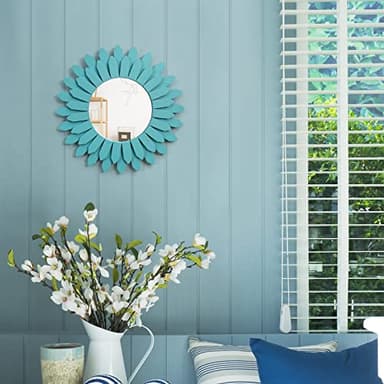 Honiway Beach Wall Decor Mirror 12 inch Wood Coastal Wall Decor Sunburst Boho Home Decor Room Decor for Bedroom Living Room Bathroom Cyan - Image 3