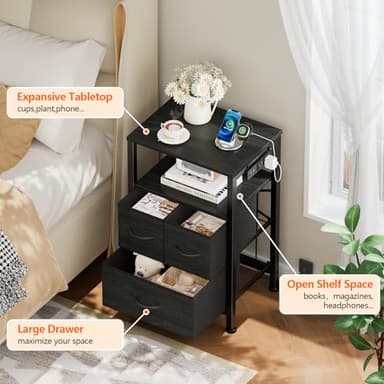 Furnulem Black Nightstand with Wood Shelf, Bed Side Table with Led Light and Charging Station, 25.8 Inch End Table with 3 Fabric Storage Drawers, Small Night Stand for Bedroom Furniture - Image 4