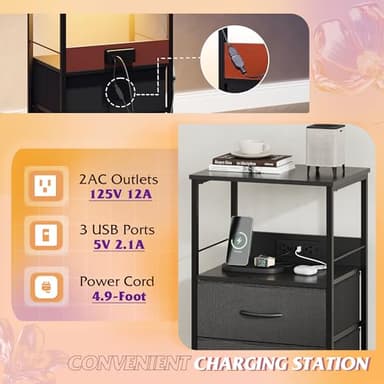 WLIVE Night Stand Set of 2 with Charger Station, Black Nightstand Sets with 2 Fabric Drawers and Storage Shelf, LED Bedside Table, Bedroom Small End Tables with 3 USB Ports and 2 AC Outlets - Image 5