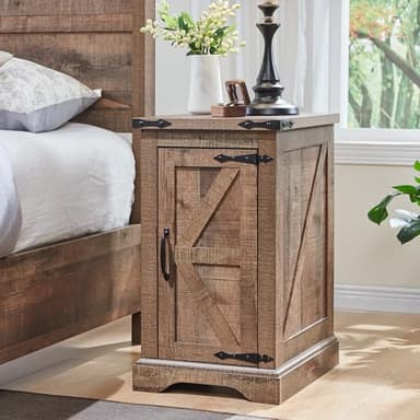 JXQTLINGMU Nightstand with Charging Station, Rectangular Farmhouse End Table with Barn Door and Adjustable Storage Shelf, 17" Deep Wood Rustic Sofa Side Table for Living Room, Bedroom, Light Brown - Image 4