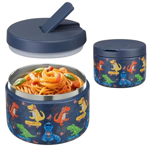 Pawtong 12oz Insulated Vacuum Food Jar with Buckle Lid Wide Mouth Soup Thermo for Hot Food Kids Leakproof Stainless Steel Lunch Container (Blue-Dinosaur) - Image 1