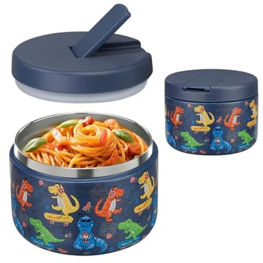 Pawtong 12oz Insulated Vacuum Food Jar with Buckle Lid Wide Mouth Soup Thermo for Hot Food Kids Leakproof Stainless Steel Lunch Container (Blue-Dinosaur) - Image 1