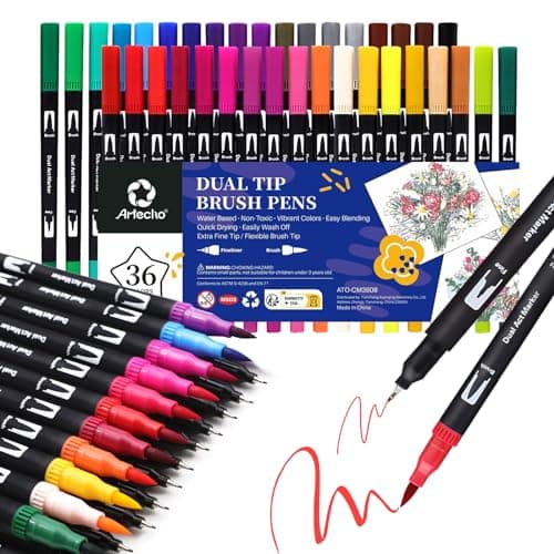 Artecho 36 Colors Markers for Adult Coloring Books No Bleeding, Dual Tip Markers for School, Fine and Brush Tip for Adults Coloring Books, Calligraphy, Drawing, Sketching - Image 1