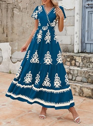 PRETTYGARDEN Womens 2025 Summer Casual V Neck Boho Maxi Dress Flowy Aline Bell Sleeve Tiered Floral Dresses with Pocket (Floral Lake Blue White,Small) - Image 4