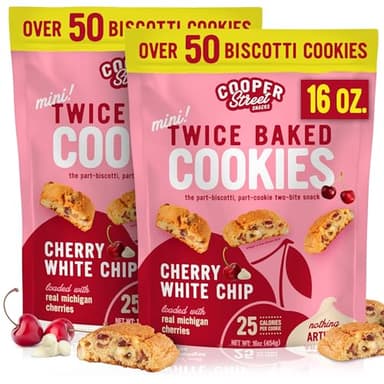 Cooper Street Twice-Baked Cherry White Chip Biscotti Cookies (16 oz Pack of 2) – Over 50 Biscotti Cookies per Bag Loaded with Real Fruit, Traditional Italian Style Snacks - Dairy, Peanut & Soy Free - Image 1