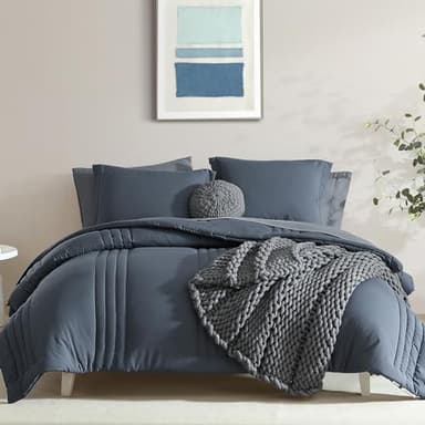 Monbix King Size Comforter Set - 7 Pieces Bed in a Bag King, Blue Gray Bedding Sets with Comforter, All Seasons Down Alternative Comforter Bed Set with Sheets, Pillowcases & Shams - Image 1