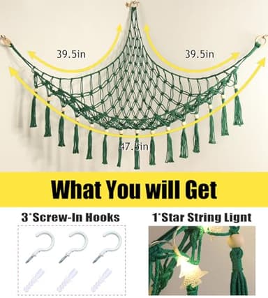 Stuffed Animal Toy Storage Hammock with LED Light - Macrame Jumbo Doll Corner Stuff Animals Organizer Decorations - Cute Plushie Net Kids Baby Nursery Bedroom Room Decor Christmas Green - Image 5