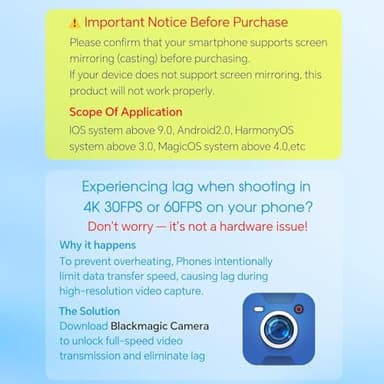 Vlog Selfie Monitor Screen iPhone, 4K 60fps Recording, Wireless Screen Mirroring with Remote Control, Magnetic Fixation, 180° Rotation, 3 Levels of Brightness, Compatible with iPhone & Android - Image 9