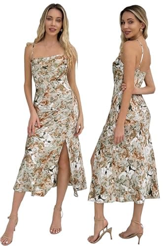 UTNISAN Wedding Guest Dress for Women Spaghetti Strap Satin Slip Cocktail Formal Midi Evening Party Dresses (XS, Green Floral - Image 1