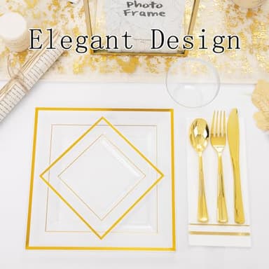 Festiva 350Pcs Clear Plastic Plates with Gold rim - Clear Gold Disposable Dinnerware for 50 Guests include 100 Square Plastic Plates 50Cups 50Cutlery 50Napkins Perfect for Thanksgiving Party&Wedding - Image 3