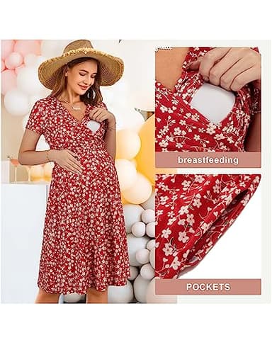 OUGES Women's 2025 Summer Short Sleeve V Neck Floral Midi Dress with Pockets Maternity Nursing Dresses Clothes(Floral F,L) - Image 5